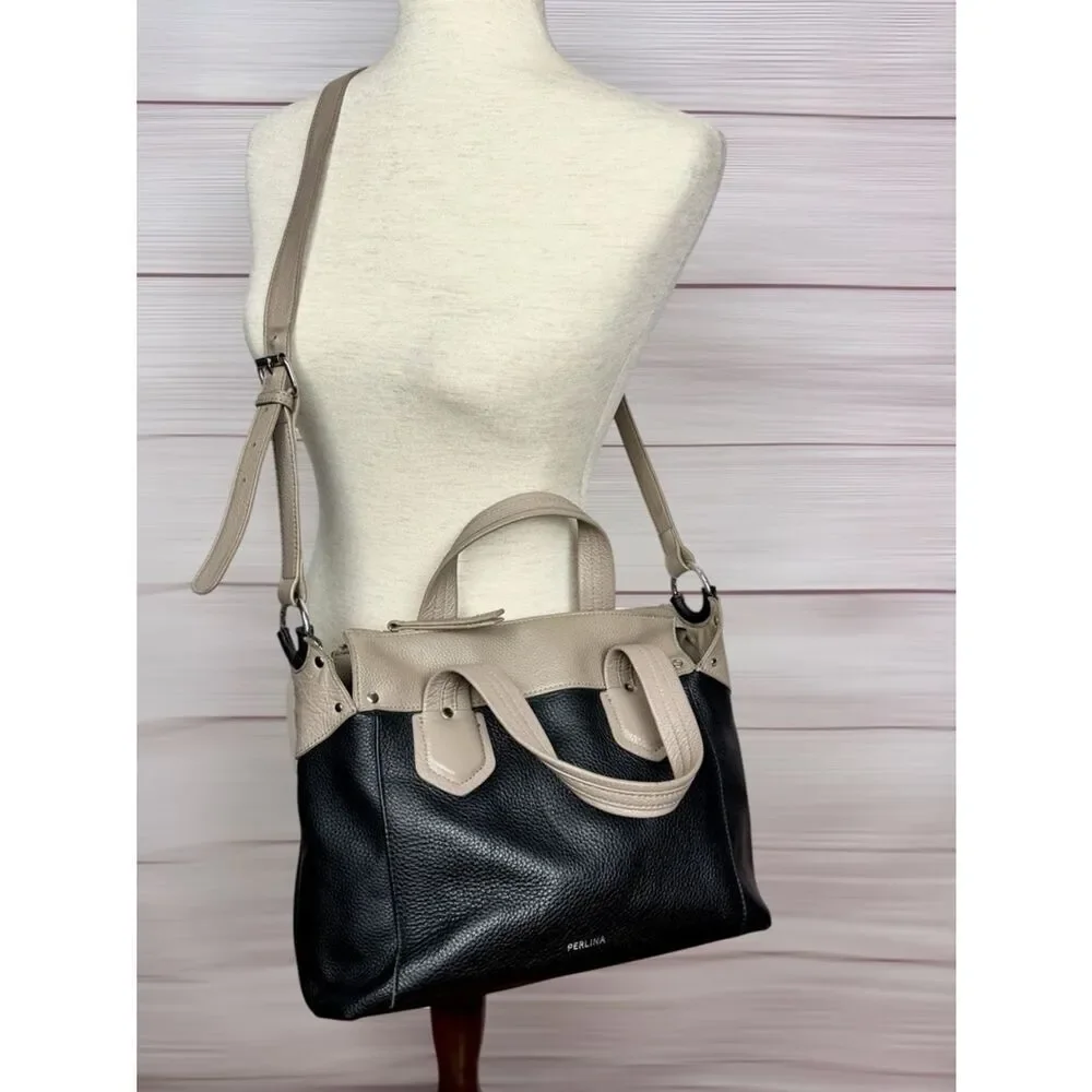 Perlina Emma Leather Satchel Shoulder Bag Multicolor Black Taupe Excellent